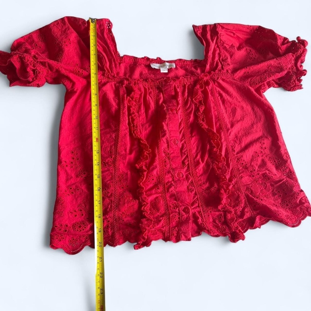 Jennifer & Grace Red Eyelet Ruffle Blouse Square Neck Short Puff Sleeve Medium - Picture 5 of 7